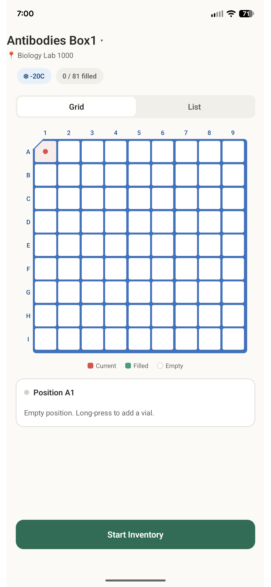 Aliquotly freezer box shown as a live grid of vial positions