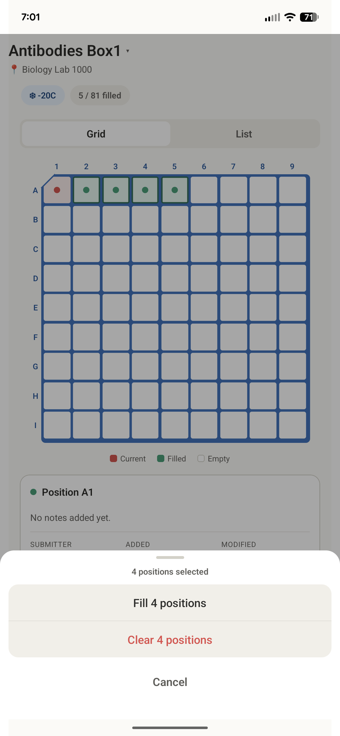 Filling vial positions on the Aliquotly box grid