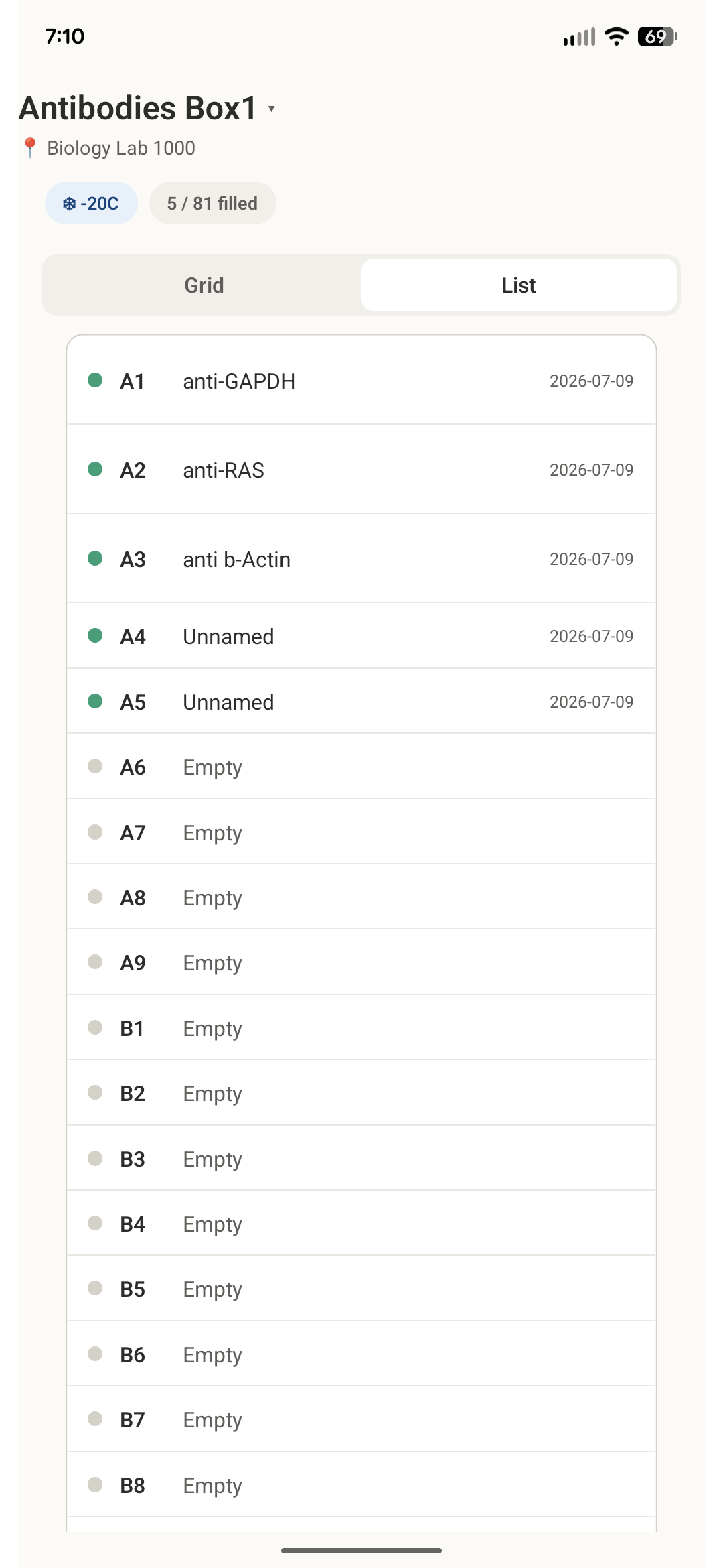 Aliquotly list view of all vial positions and their data